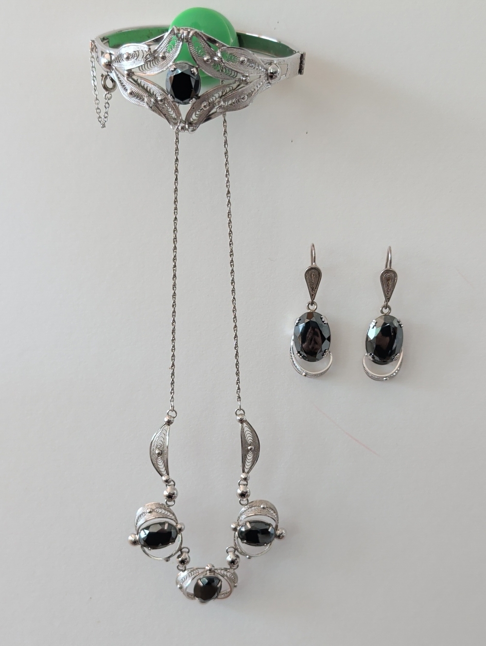 Silver & Black Stone Necklace, Bracelet, & Earrings Set - Elegant Women Jewelry